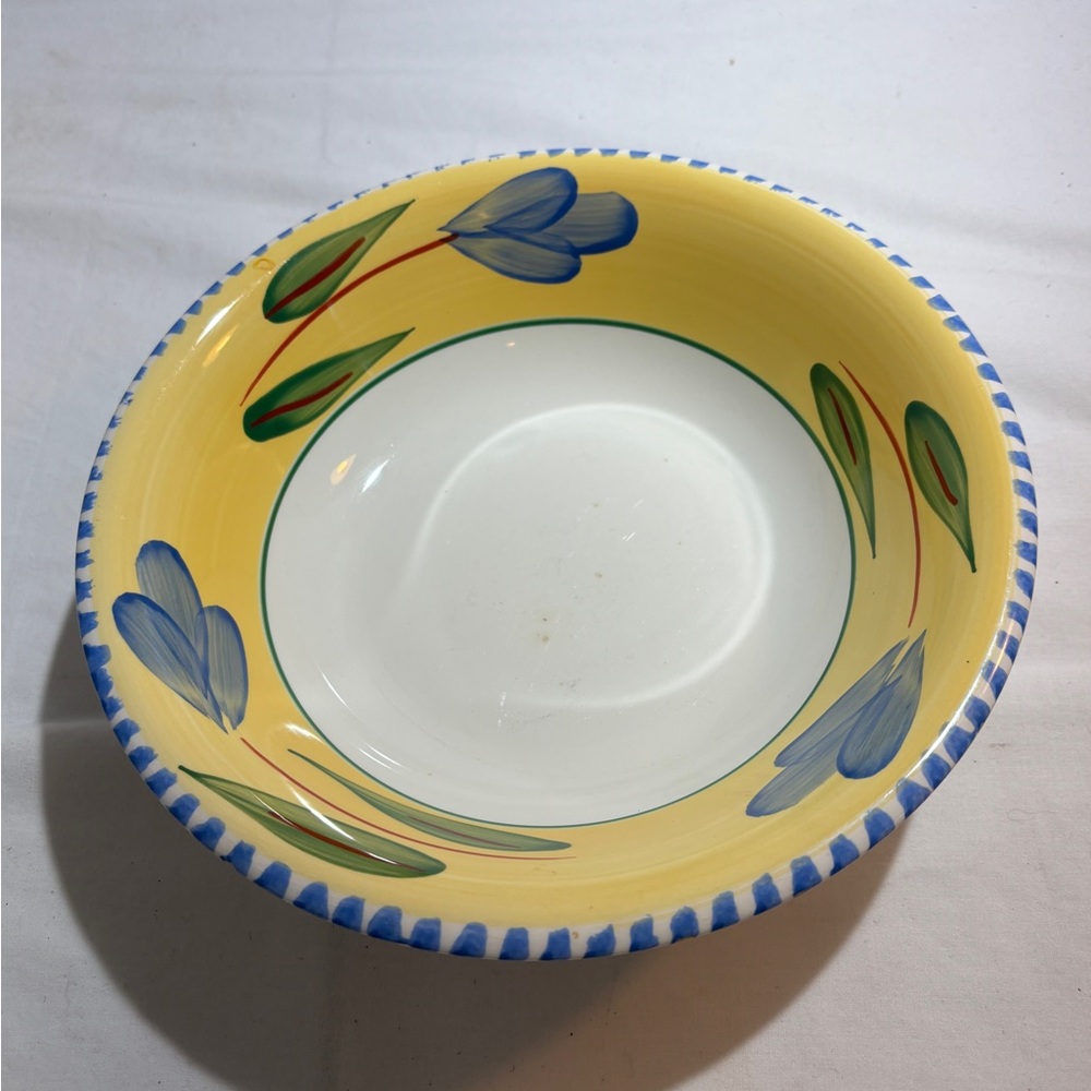 Maxam Hand-Painted Ceramic Serving Bowl in Yellow with Blue Floral Motif 10.5 in
